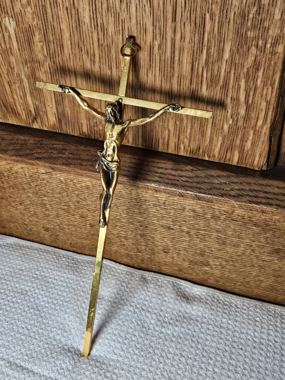 Vintage Brass Crucifix Wall Hanging with Raised Christ Figure 1970s